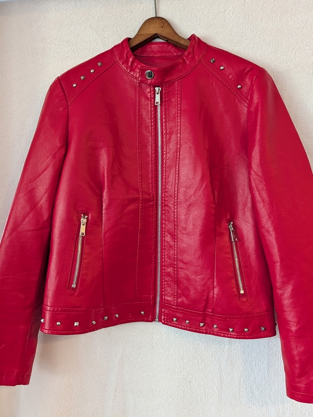 Red Stud-Trim Faux Leather Jacket - Women
